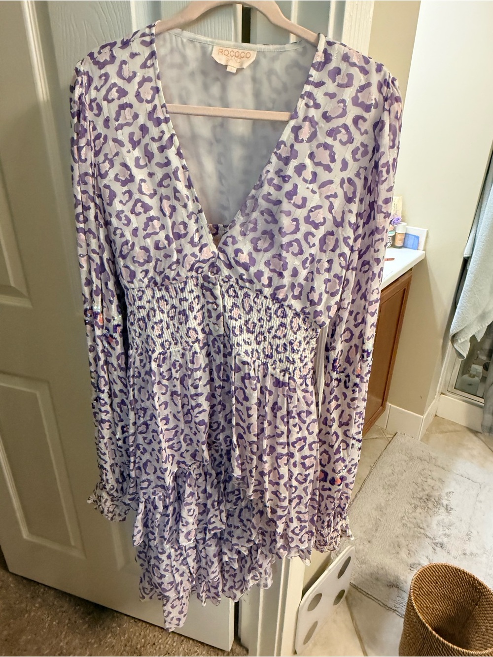 Rococo Sand Lavender Leopard Print Long Sleeve Smocked waist blouse and skirt.